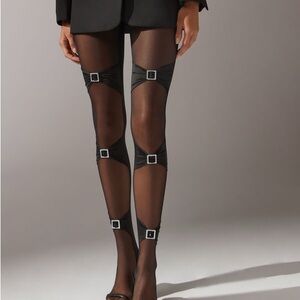 Calzedonia legs celebration Black rhinestone Buckle Accent Tights